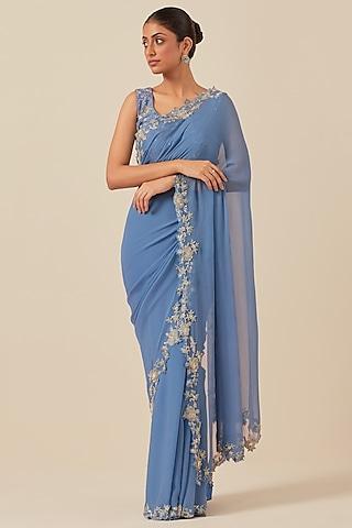 blue wrinkle chiffon saree set