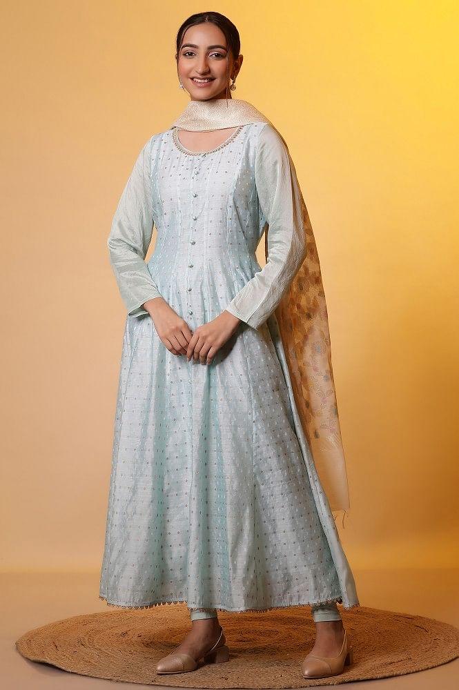 blue yarn-dyed anarkali kurta, tights and dupatta set