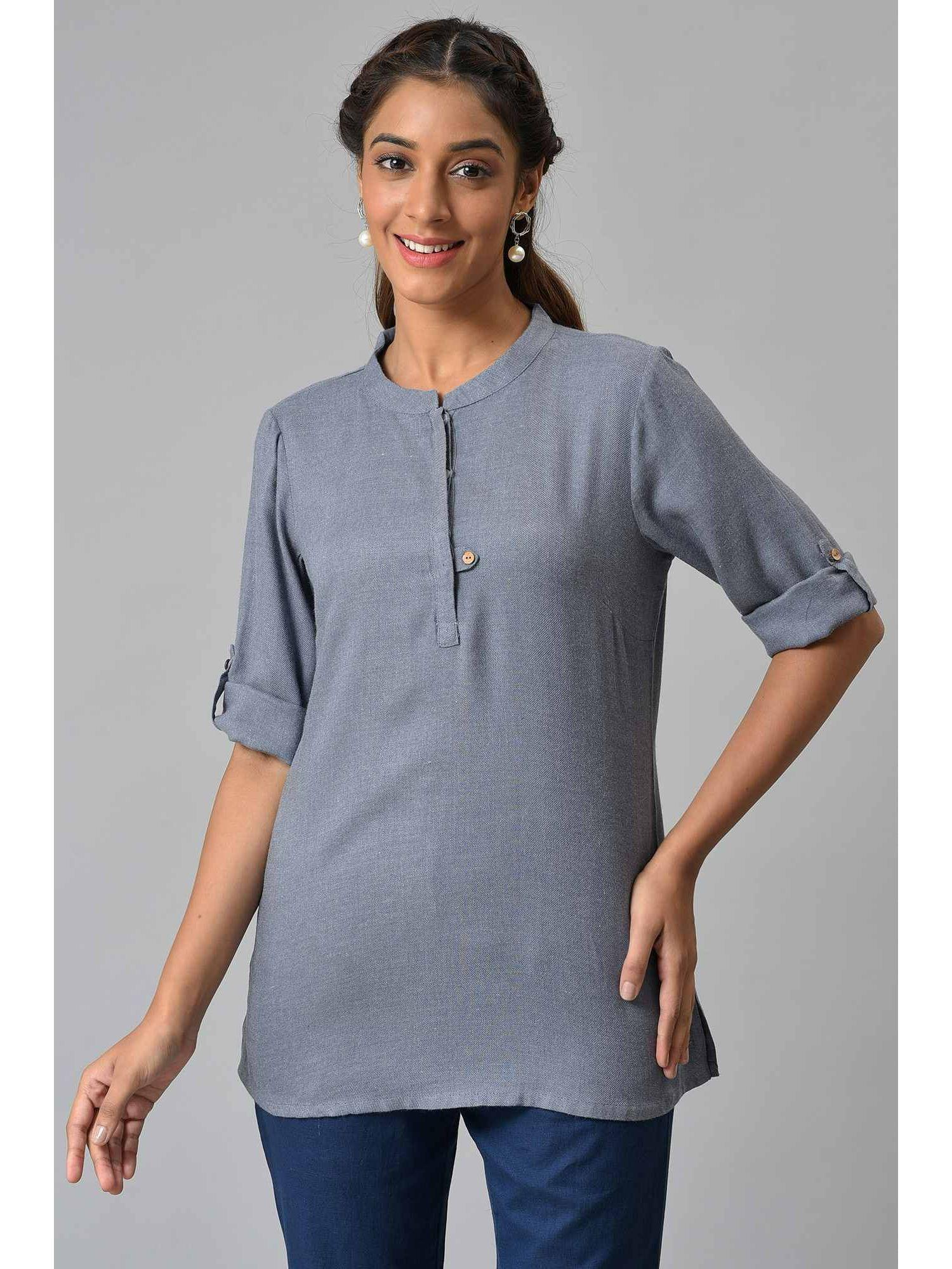 blue yarn dyed solid short kurti