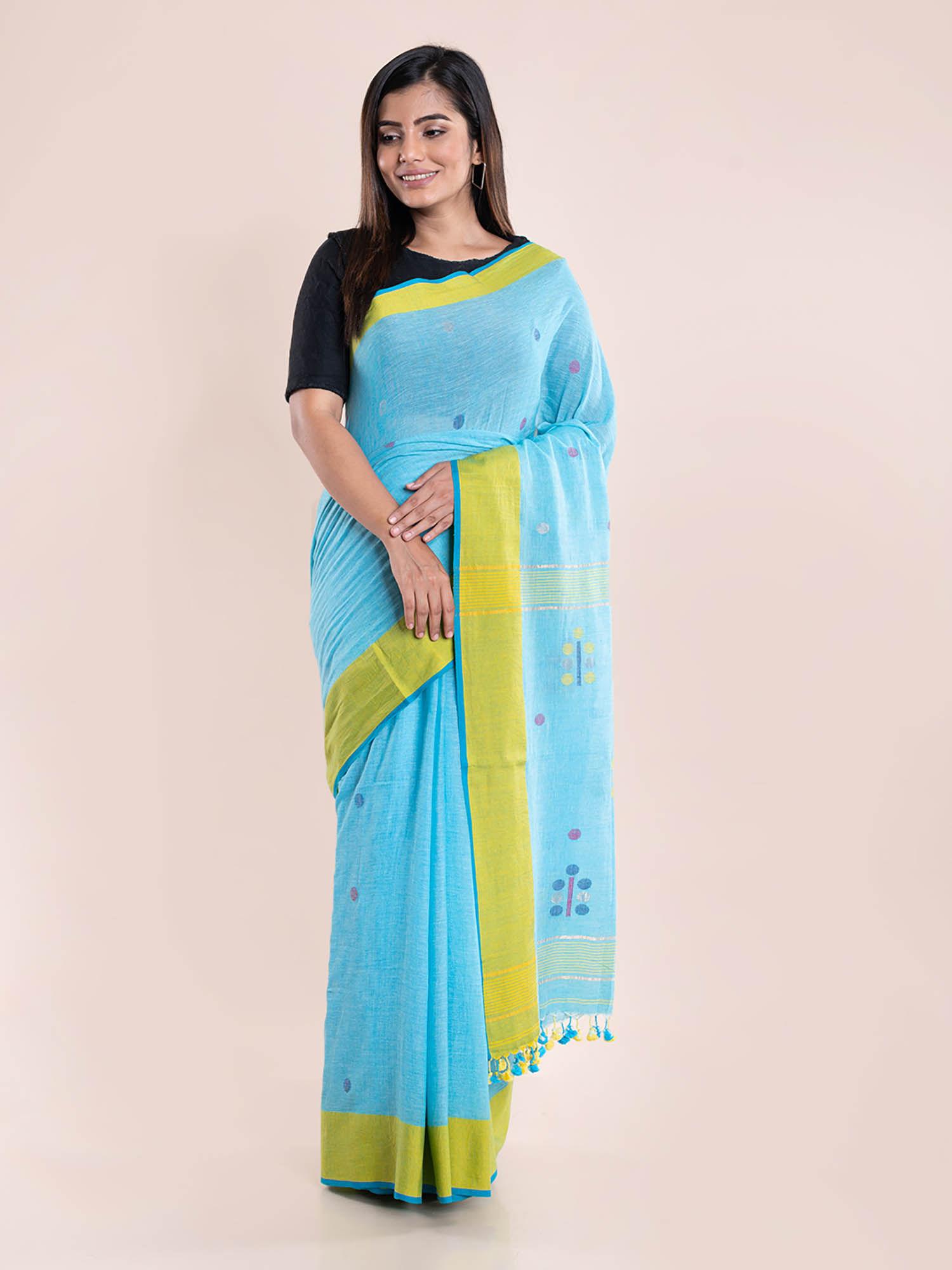 blue yellow jamdani cotton saree with unstitched blouse