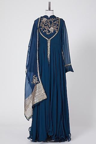 blue zardosi embroidered anarkali set