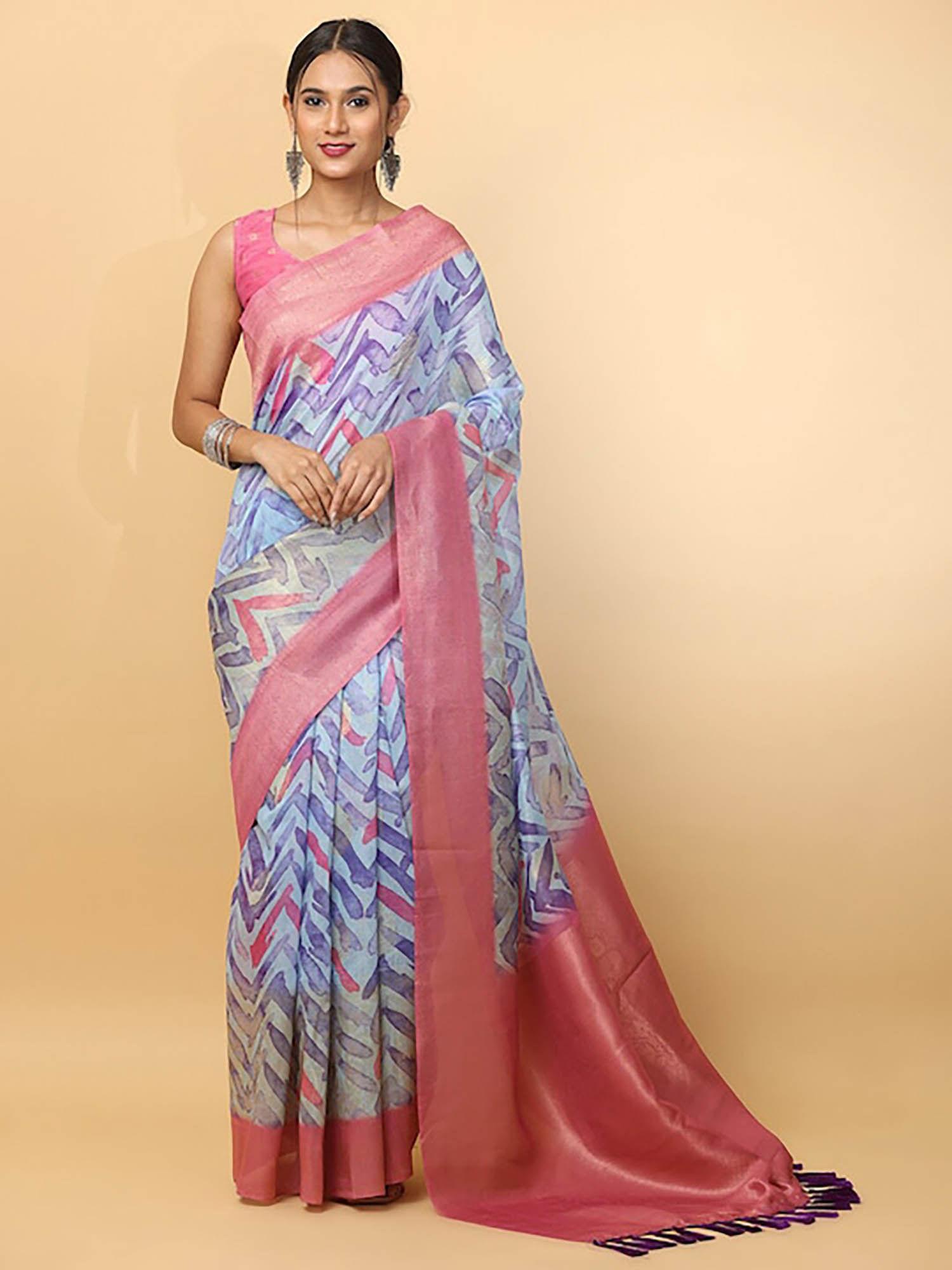 blue zari geometric printed banarasi saree with unstitched blouse