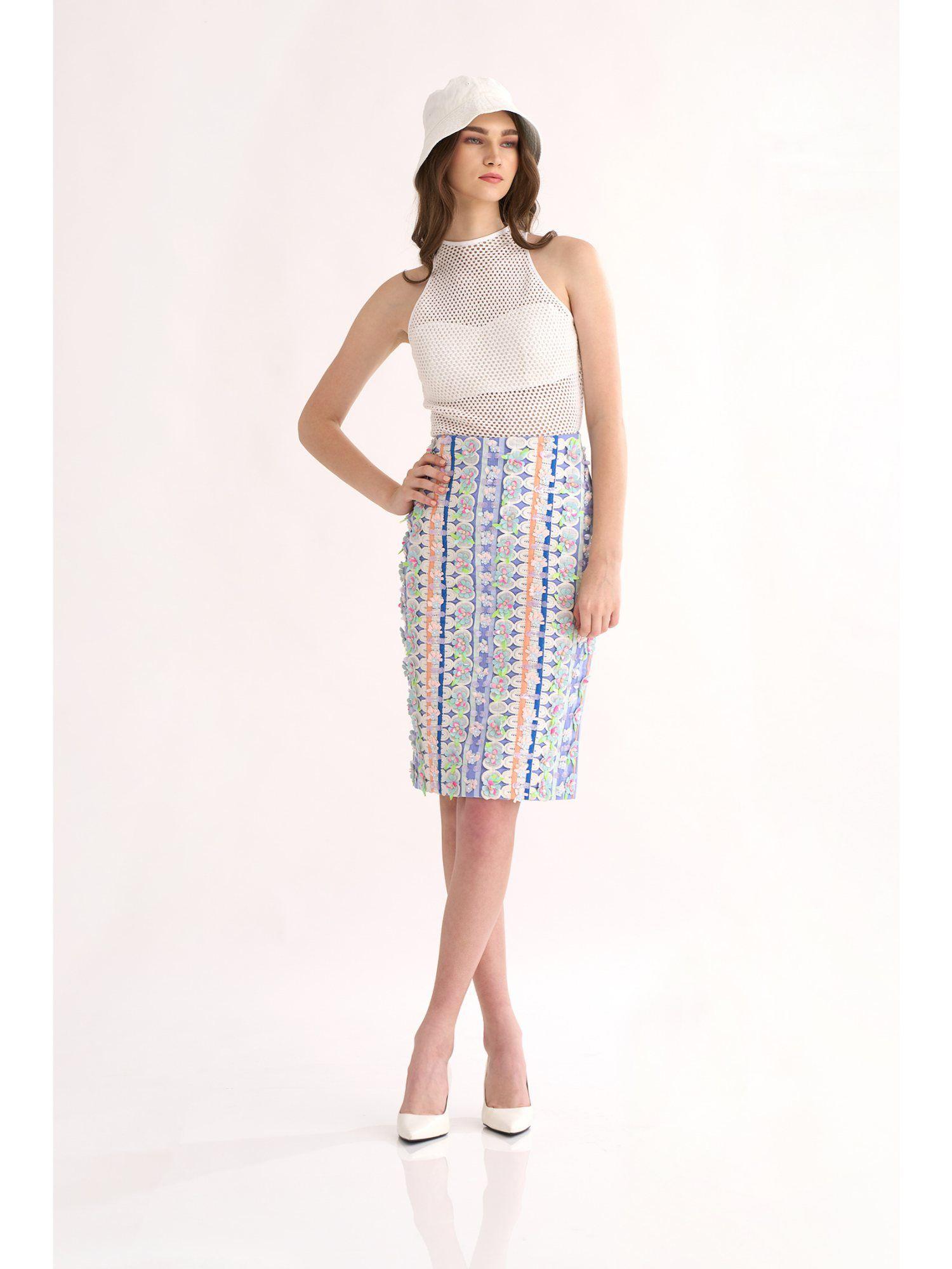 blueberry cotton poplin fitted skirt with twill tape & heavy embroidery