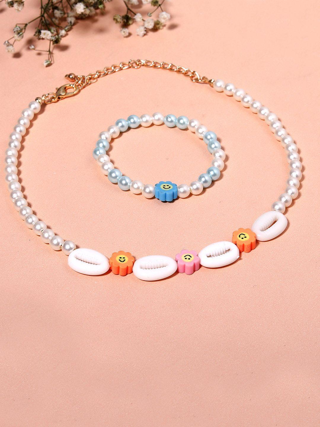 blueberry kids girls white & blue gold-plated pearls shell handcrafted necklace & bracelet