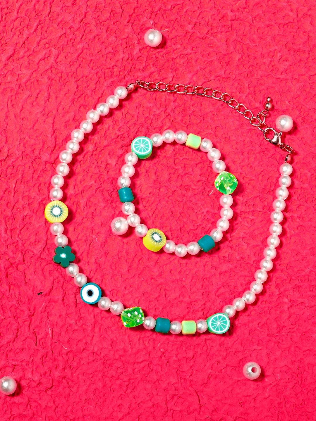 blueberry kids girls white & sea green gold-plated pearls handcrafted necklace & bracelet