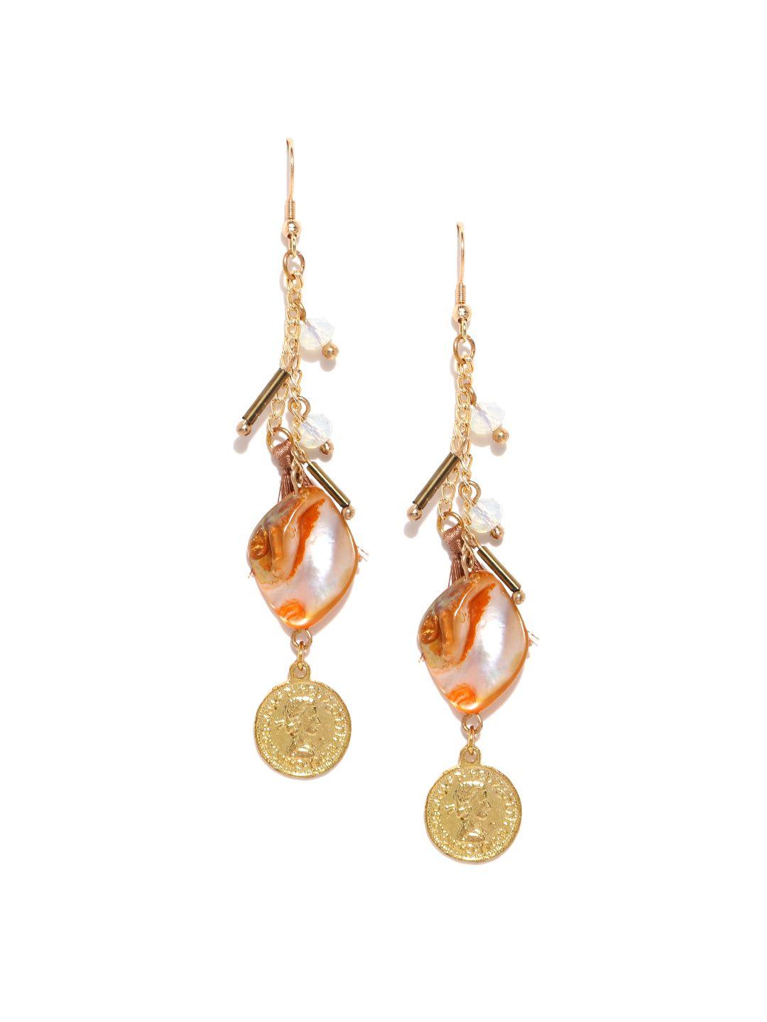 blueberry gold-toned & orange stone-studded tassel earrings