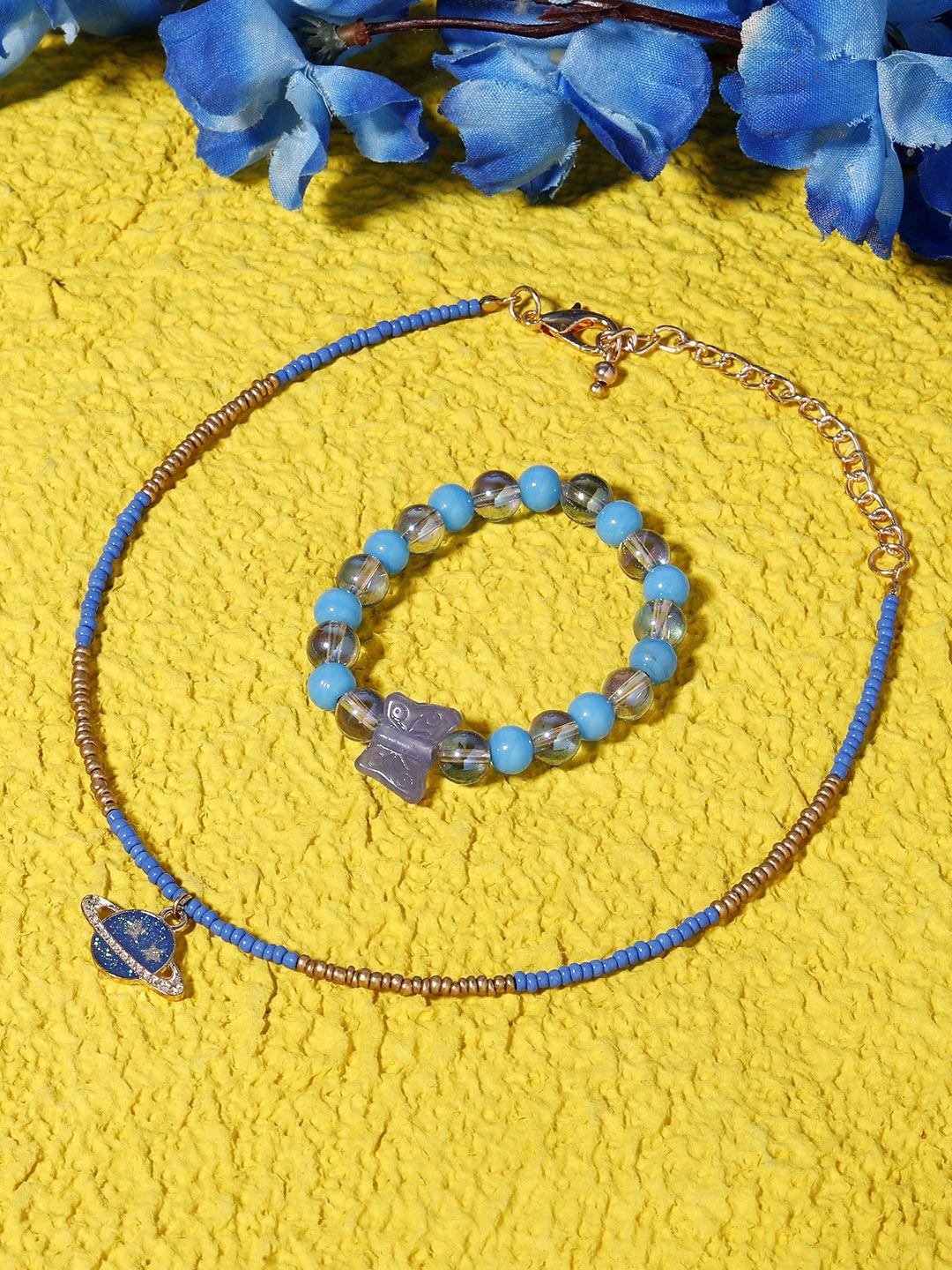 blueberry kids girls blue gold-plated beaded handcrafted pendant necklace & bracelet set
