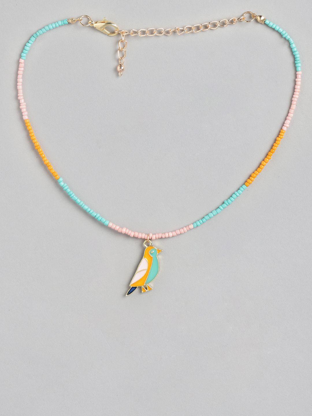 blueberry kids girls orange & sea green gold-plated handcrafted beaded bird charm necklace