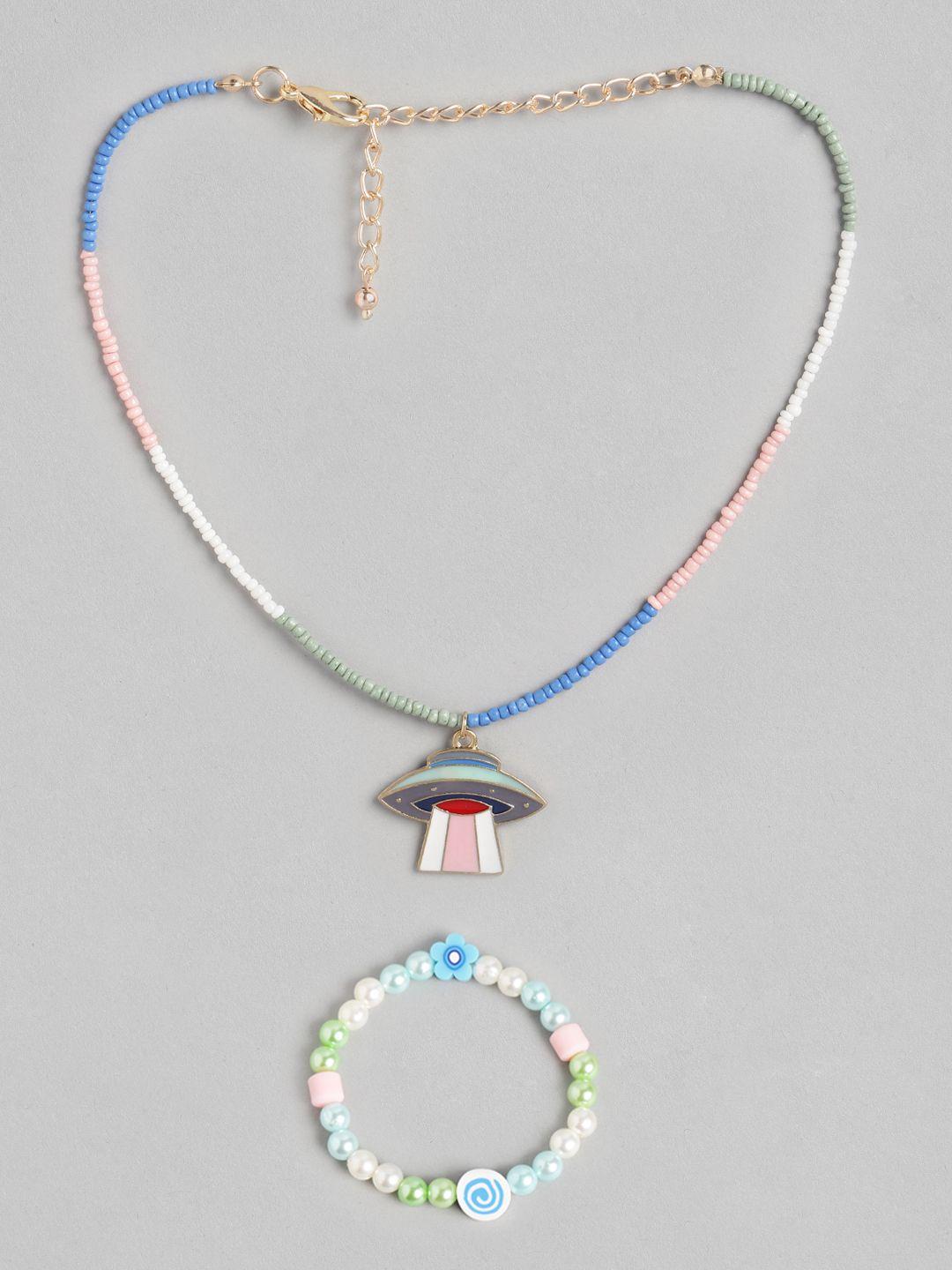 blueberry kids girls pink & blue gold-plated handcrafted pendant necklace & bracelet