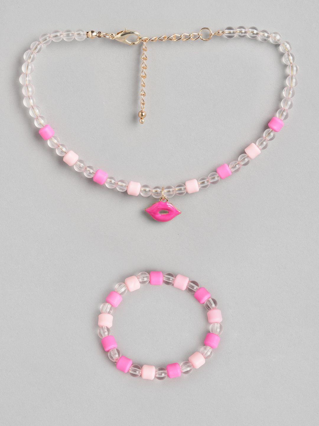 blueberry kids girls transparent & dark pink gold-plated handcrafted necklace & bracelet