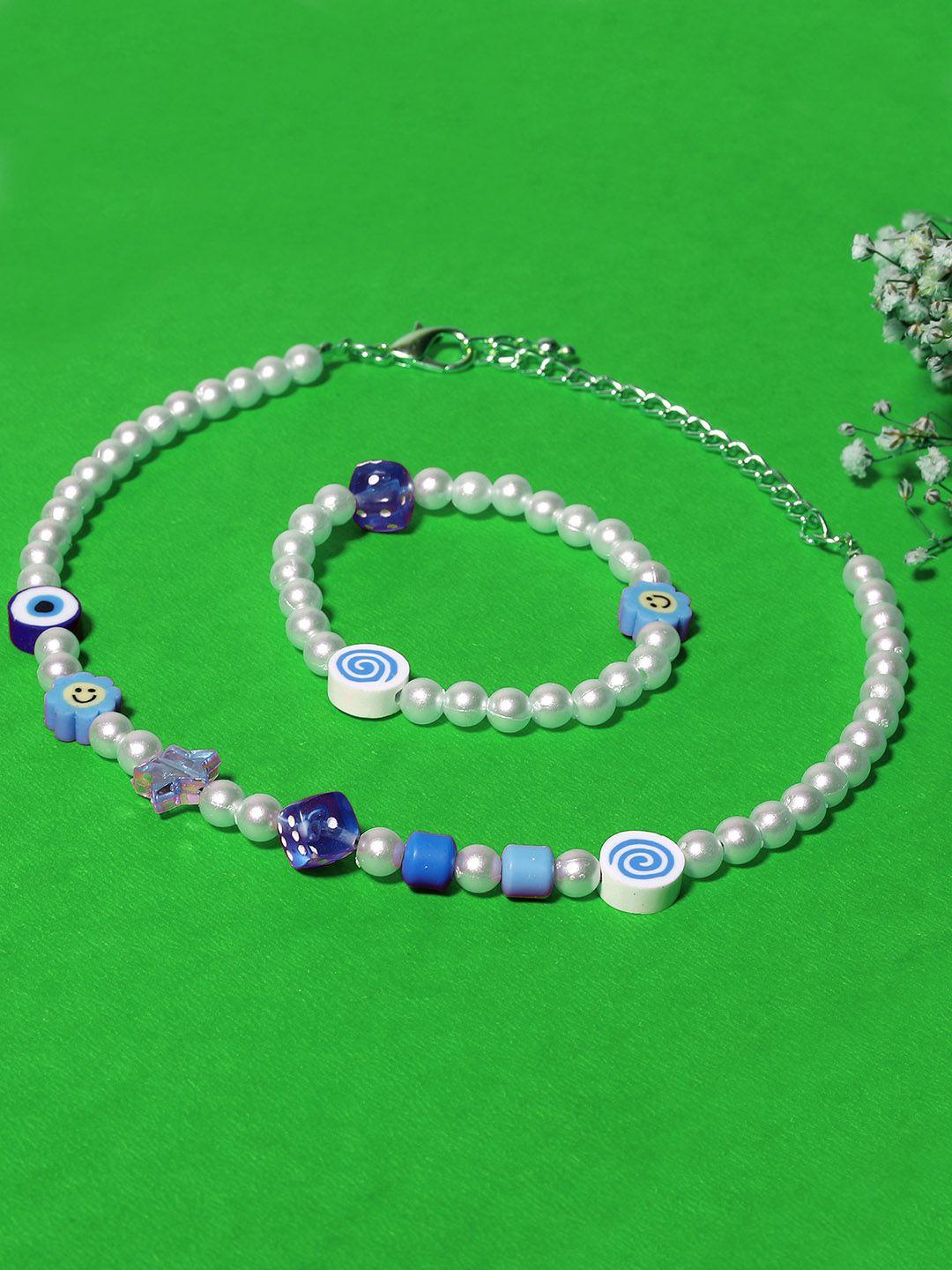 blueberry kids girls white & blue gold-plated pearls handcrafted necklace & bracelet combo