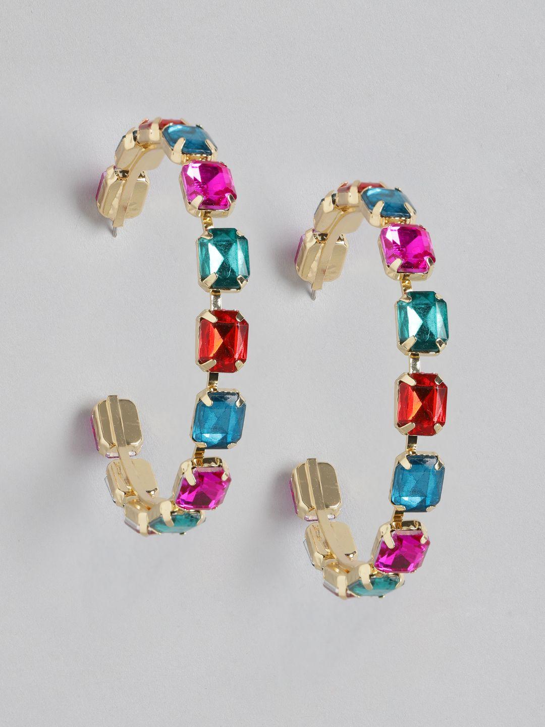 blueberry multicoloured gold-plated stone studded crescent shaped half hoop earrings