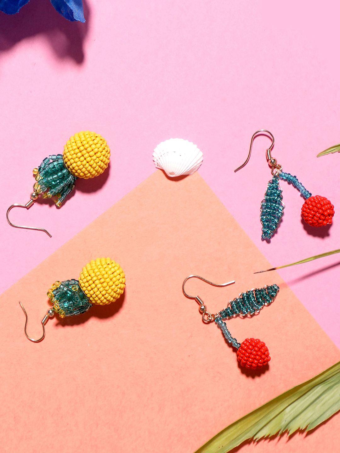 blueberry set of 2 gold-plated handcrafted beaded pineapple & cherry-shaped drop earrings