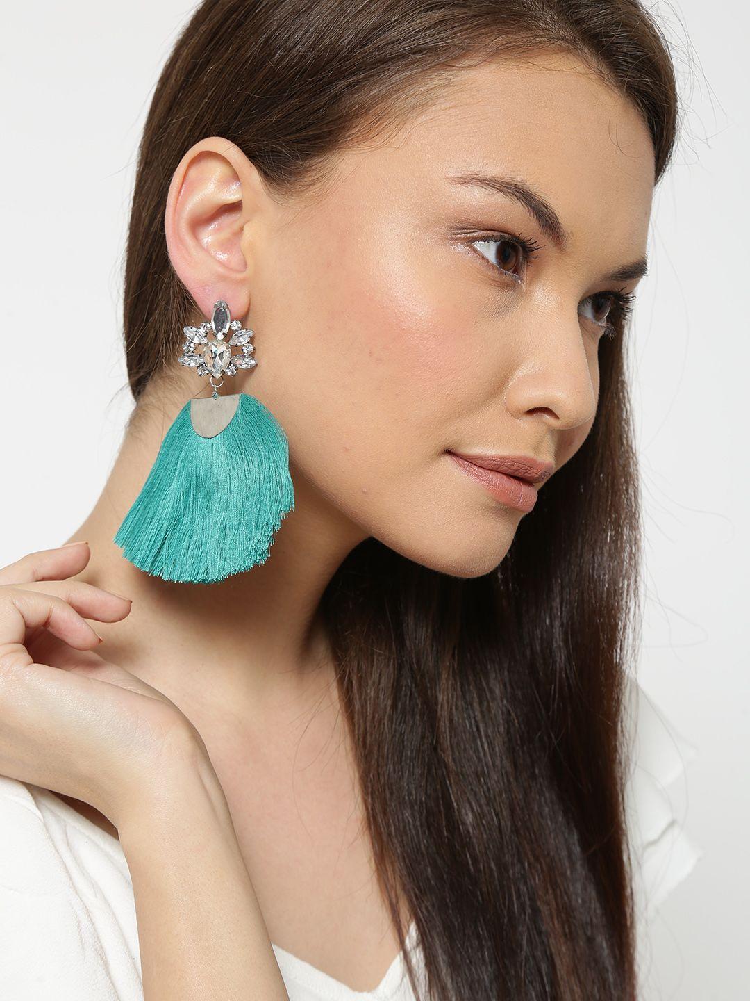 blueberry teal green tasselled drop earrings