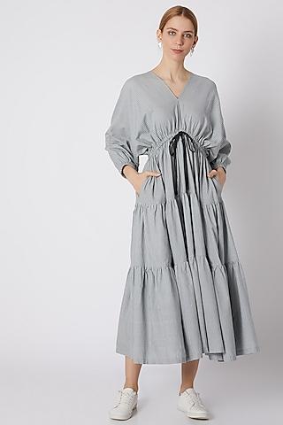 blueish grey striped dress with drawstring bow-tie