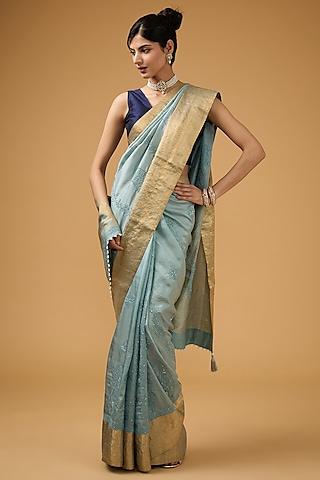 bluish grey silk chikankari embroidered saree set