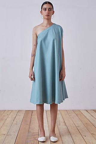 bluish green cotton one shoulder dress