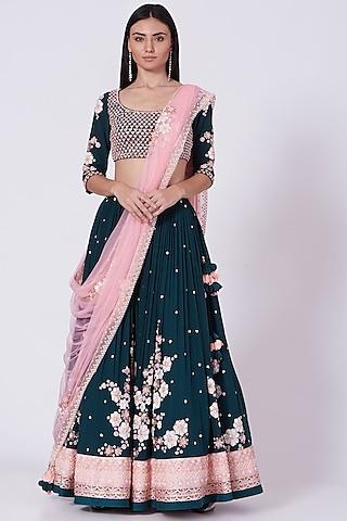 bluish green embroidered lehenga set