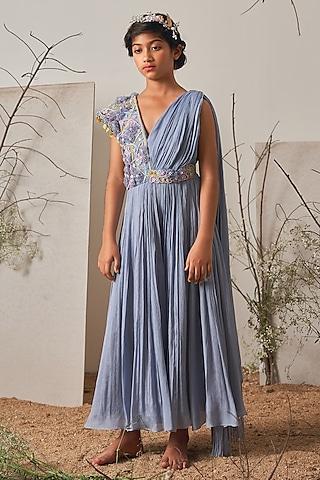 bluish grey chiffon embroidered gown for girls