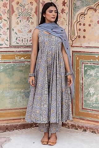 bluish-grey lurex cotton anarkali set