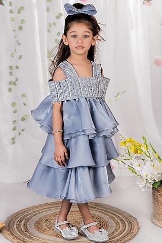bluish grey shimmer organza cutdana embroidered dress for girls