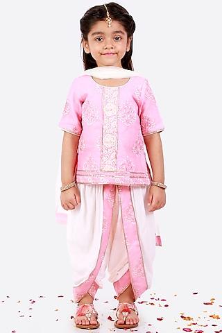 blush pink & white thread embroidered dhoti set for girls