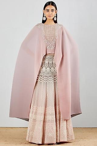 blush pink chikankari embroidered dress with cape