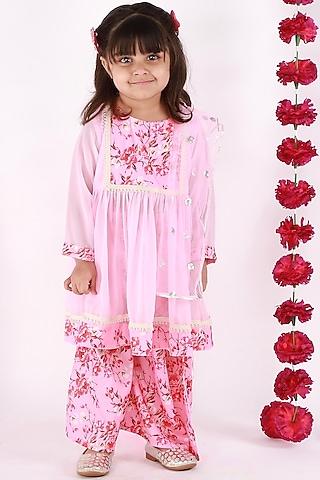 blush pink cotton printed kurta set for girls