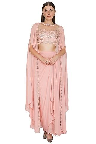 blush pink embroidered crop top with drape skirt & cape