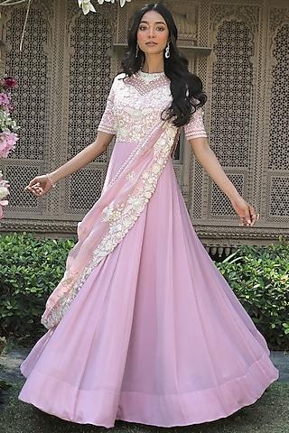 blush pink embroidered gown with drape