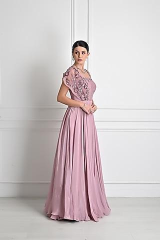 blush pink embroidered ruched gown