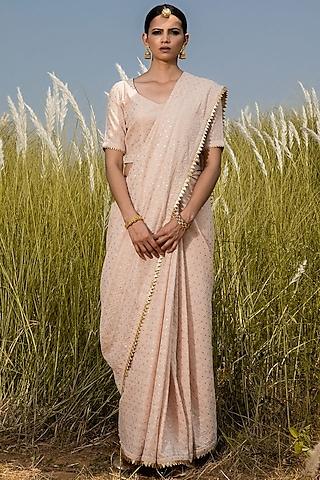 blush pink handcrafted cotton foil work saree set