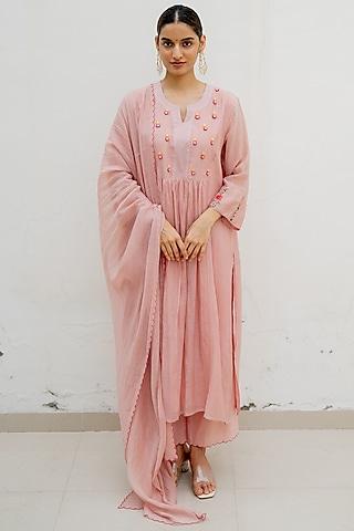blush pink handwoven chanderi resham embroidered kurta set