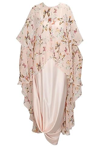 blush pink papillion printed high low cape with cowl skirt