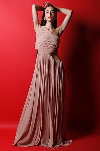 blush pink ruched one-shoulder maxi gown