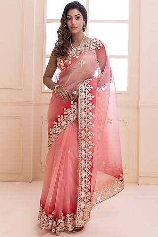 blush pink shaded hand embroidered saree set