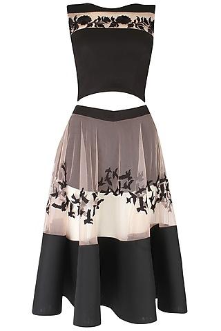 blush  and black embroidered top  and skirt set