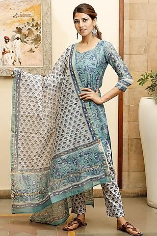 blush blue hand block printed kurta set