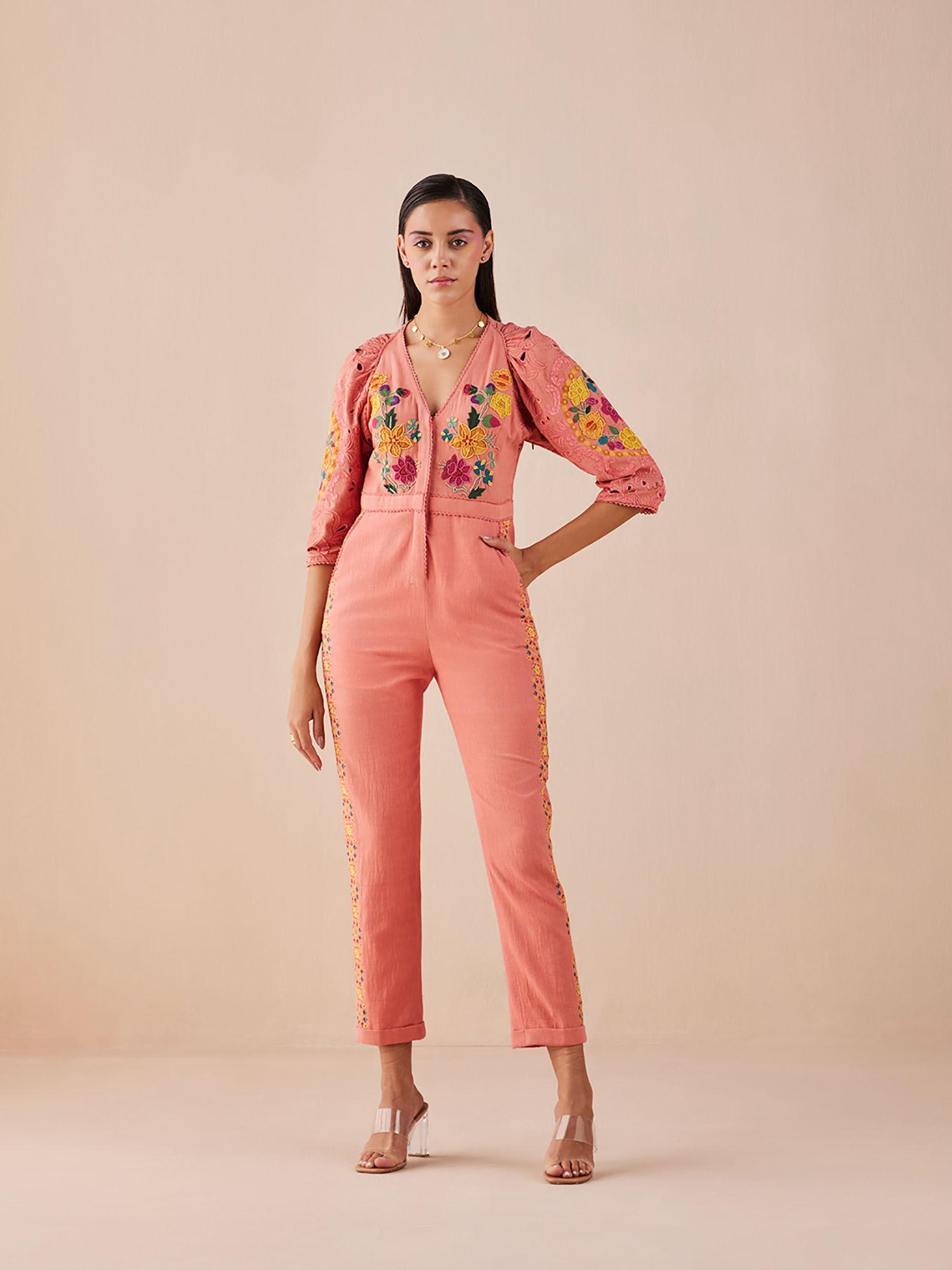 blush floral applique and cutwork jumpsuit