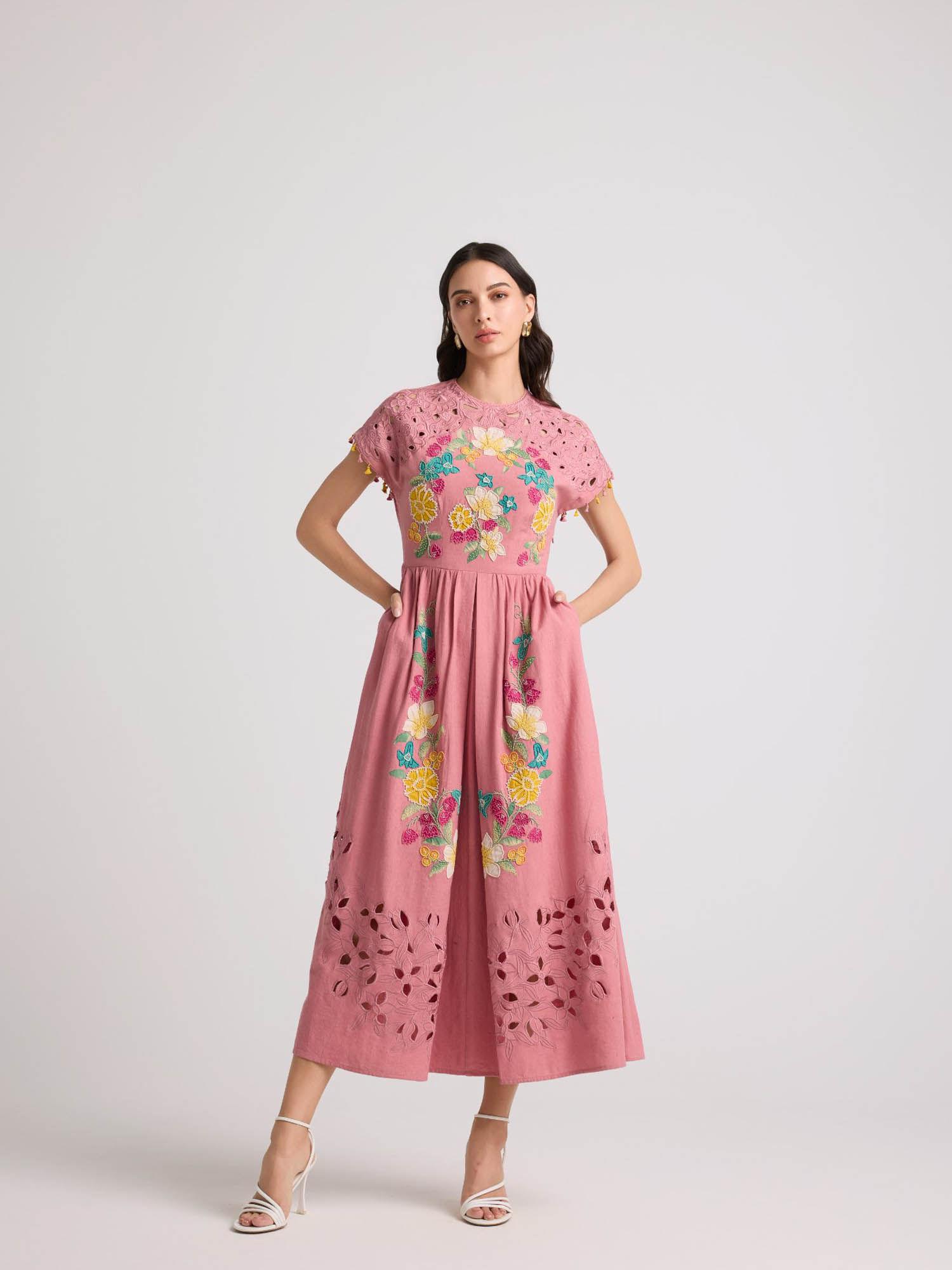 blush floral applique and cutwork midi dress