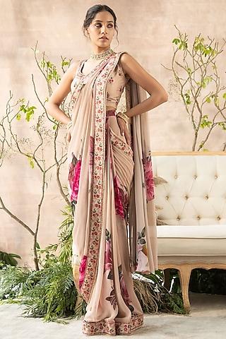 blush georgette vintage printed pre-draped saree set