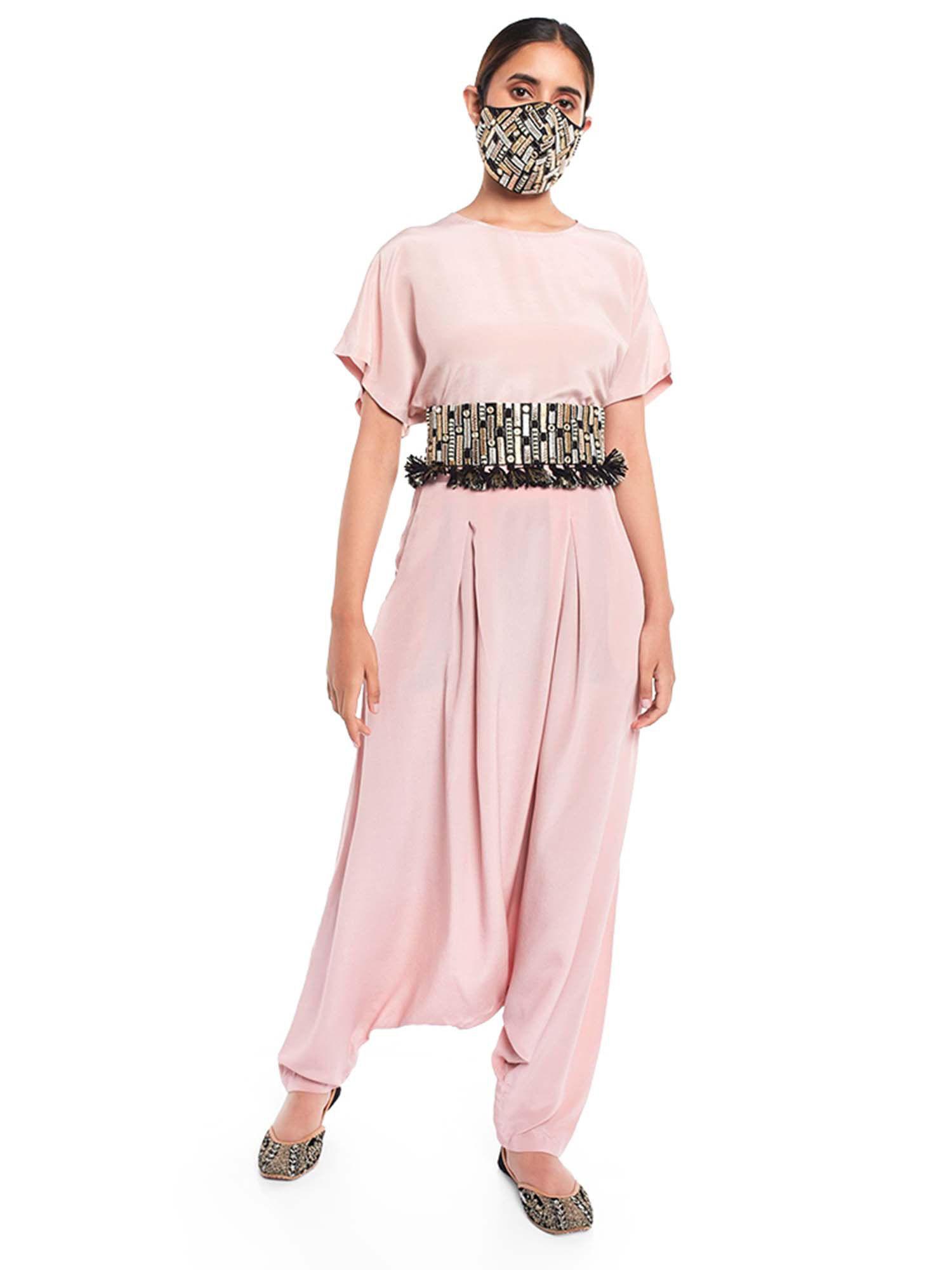 blush kaftaan top and low crotch pant with black mask and tie-up belt (set of 4)