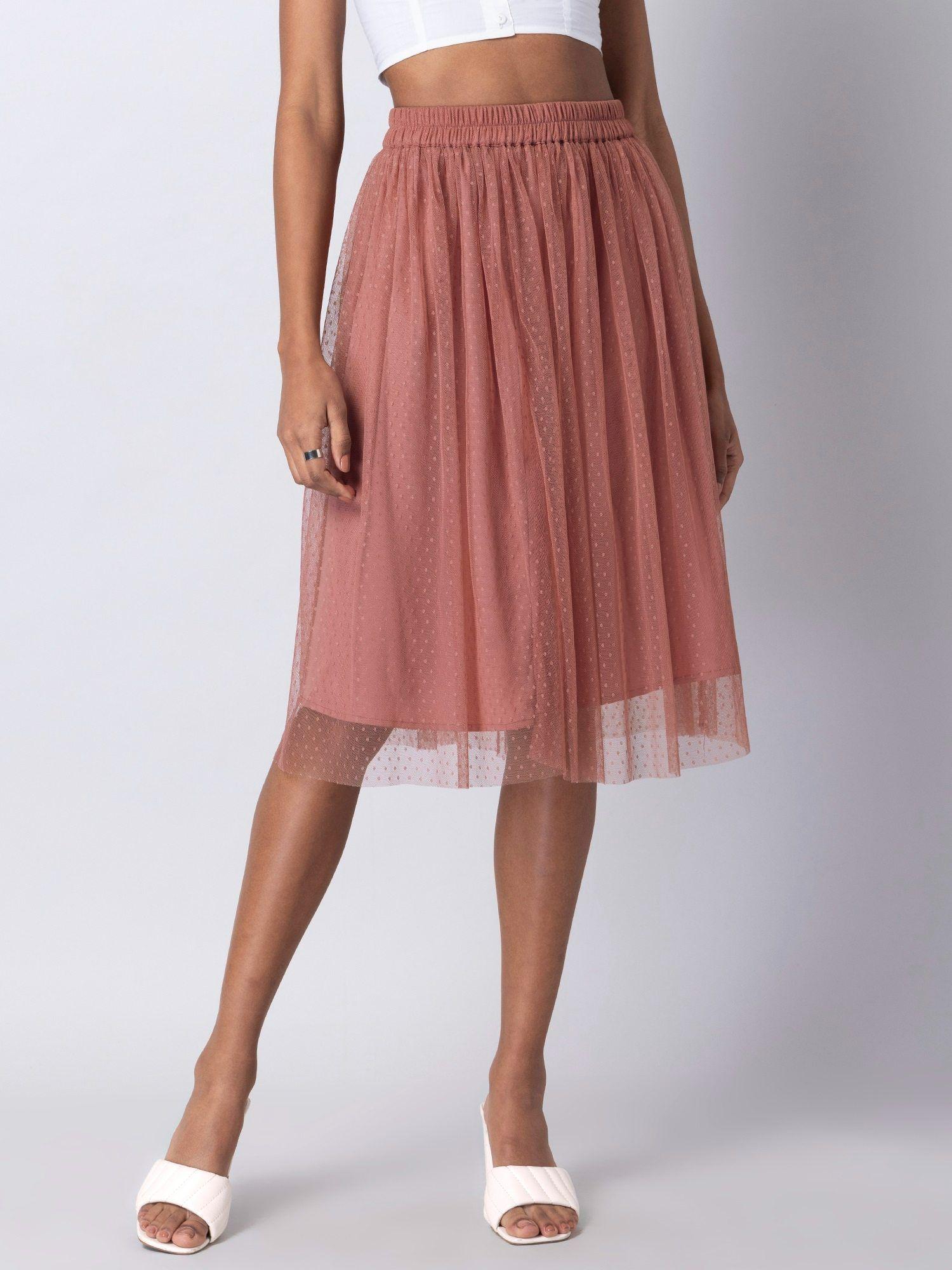 blush mesh dotted midi skirt