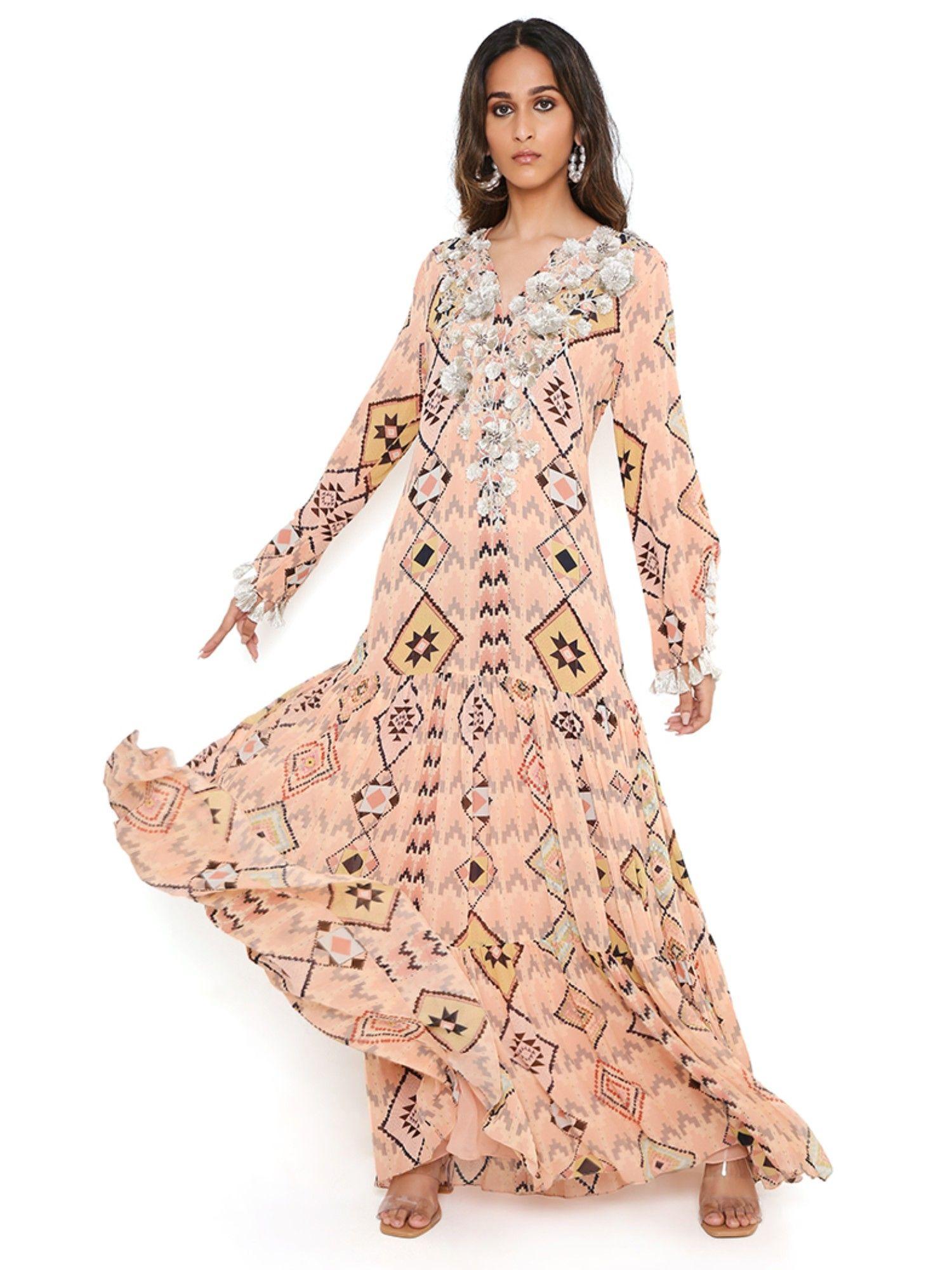 blush mosaic diamond print embroidered yoke art georgette boho dress