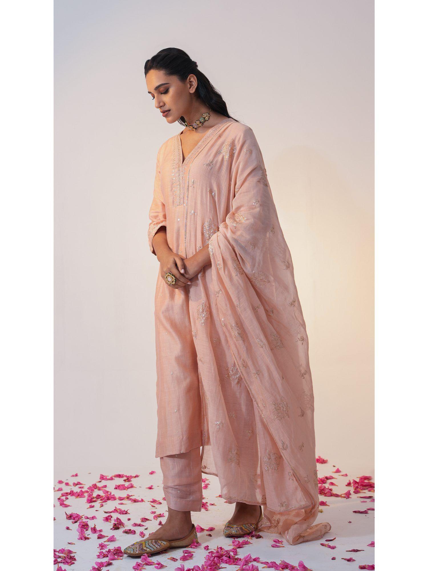 blush peach cotton silk straight kurta with pant and dupatta (set of 3)