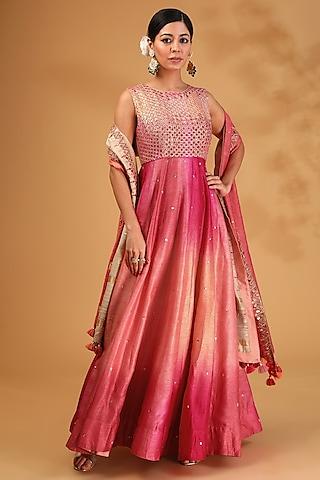 blush peach ombre dupion silk resham embroidered anarkali set