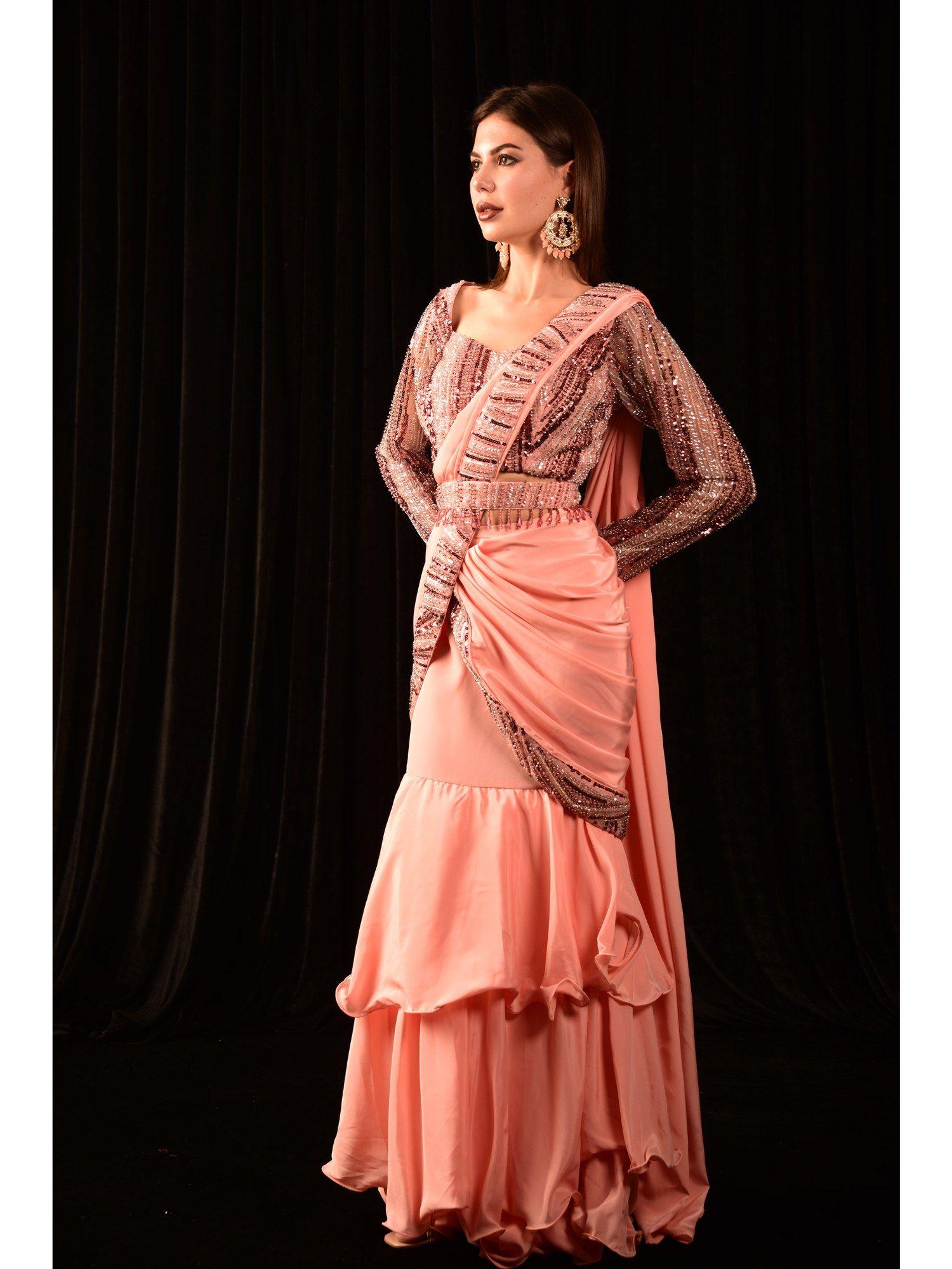 blush peach ruffle drape saree with belt and stitched blouse