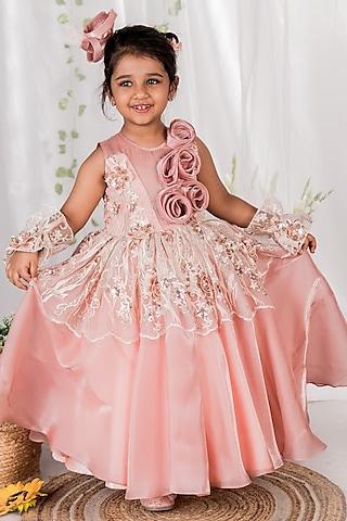 blush peach shimmer organza & net 3d sequins floral embellished dress for girls