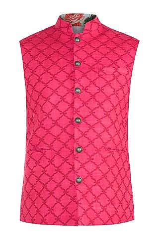 blush pink & red block printed nehru jacket