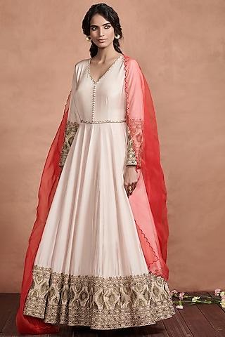 blush pink & red embroidered anarkali set